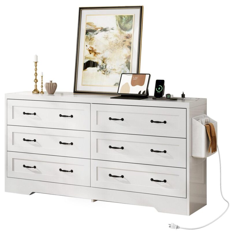 DEXTRUS 6-Drawer Double Dresser with Power Outlets, Wood Storage Cabinet Chest of Drawers, White - Image 8