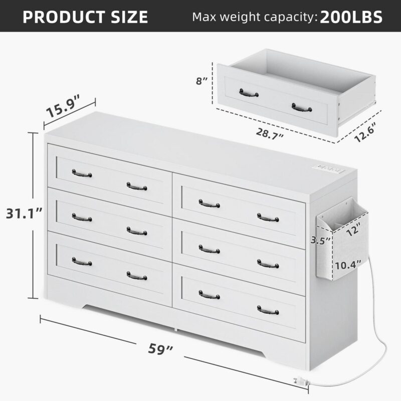 DEXTRUS 6-Drawer Double Dresser with Power Outlets, Wood Storage Cabinet Chest of Drawers, White - Image 3