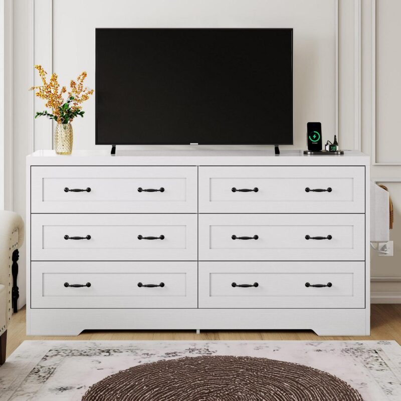 DEXTRUS 6-Drawer Double Dresser with Power Outlets, Wood Storage Cabinet Chest of Drawers, White - Image 2