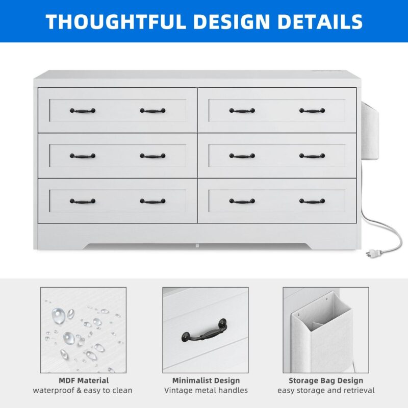 DEXTRUS 6-Drawer Double Dresser with Power Outlets, Wood Storage Cabinet Chest of Drawers, White - Image 5