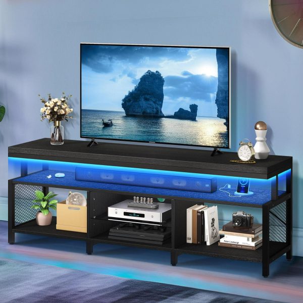 DEXTRUS LED TV Stands w/Power Outlets, Industrial TV Stand for 55/60/65/70 inch, Entertainment Center TV Cabinet for Living Room, Black