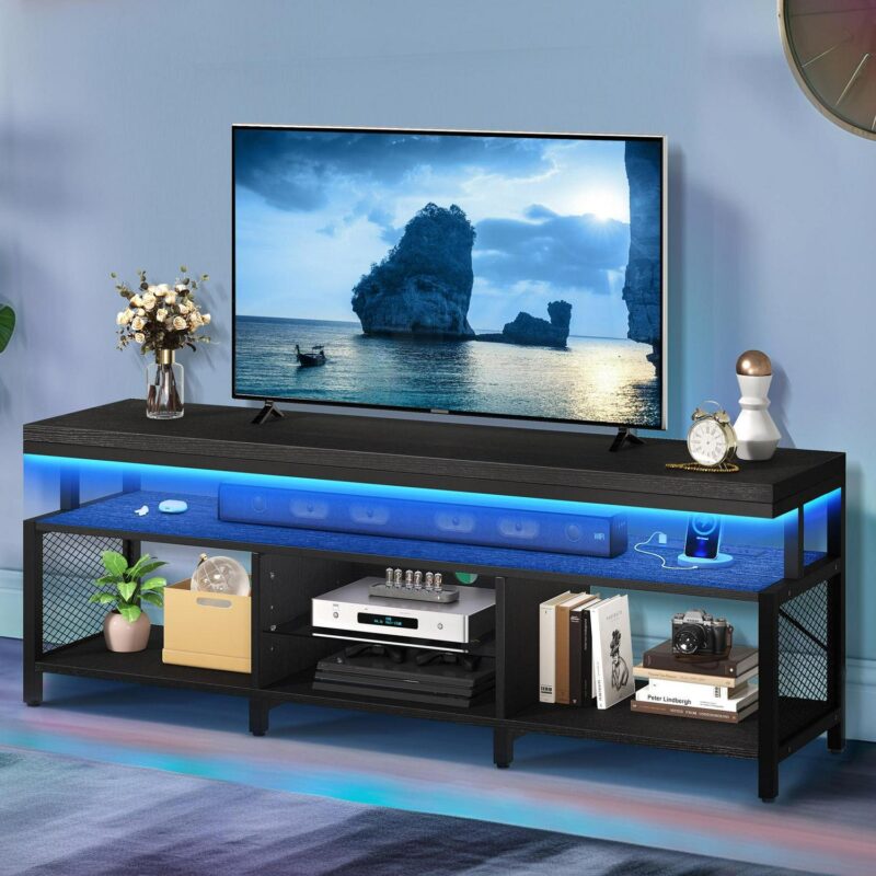 DEXTRUS LED TV Stands w/Power Outlets, Industrial TV Stand for 55/60/65/70 inch, Entertainment Center TV Cabinet for Living Room, Black