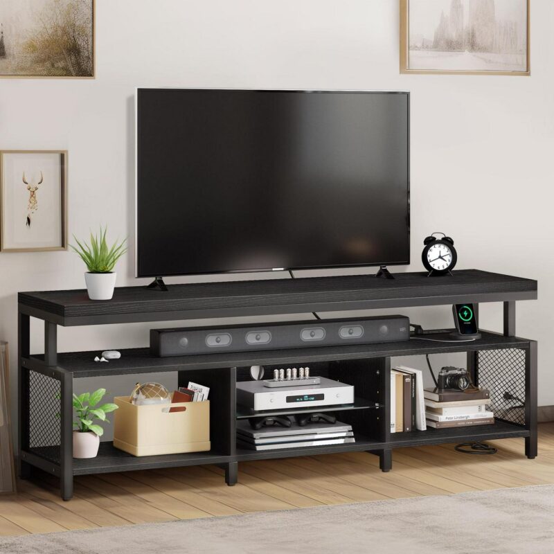DEXTRUS LED TV Stands w/Power Outlets, Industrial TV Stand for 55/60/65/70 inch, Entertainment Center TV Cabinet for Living Room, Black - Image 2