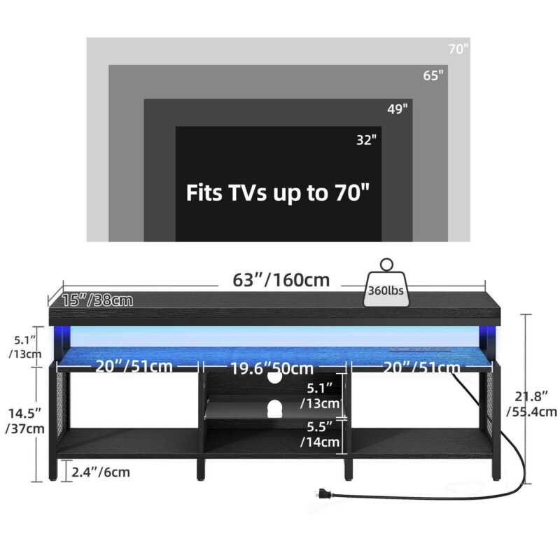 DEXTRUS LED TV Stands w/Power Outlets, Industrial TV Stand for 55/60/65/70 inch, Entertainment Center TV Cabinet for Living Room, Black - Image 5