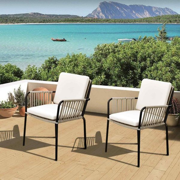 DEXTRUS Outdoor Dining Chair Set of 2, Rope Woven Design Bistro Chairs, Indoor-Outdoor Armchair Seating - Green and Grey