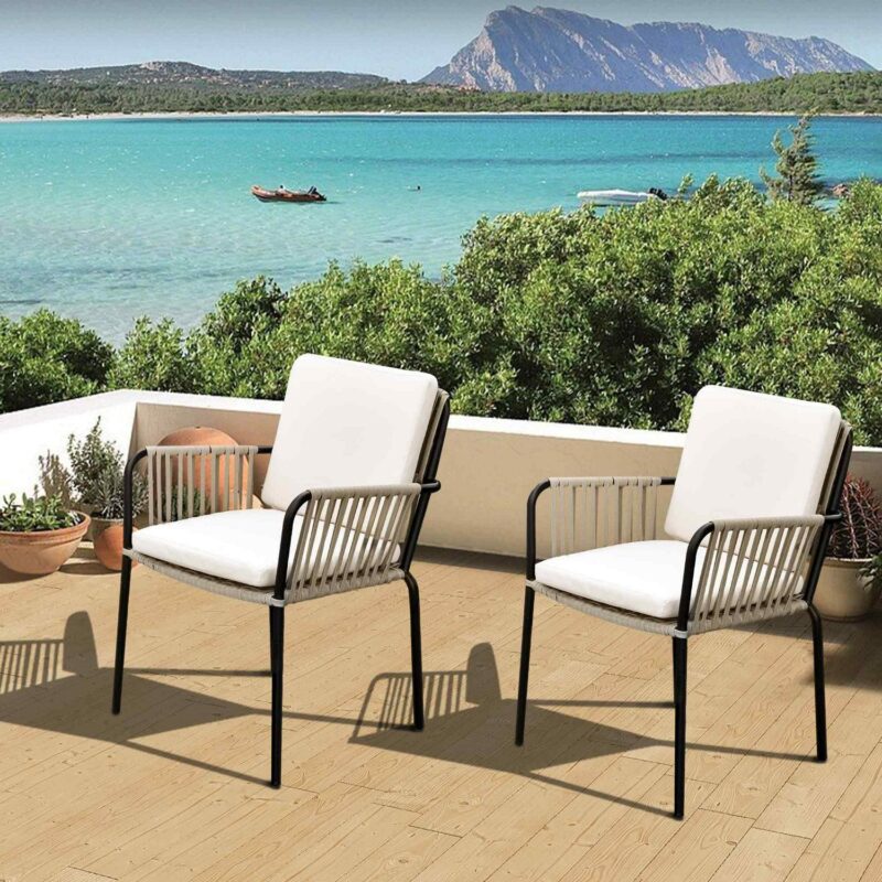 DEXTRUS Outdoor Dining Chair Set of 2, Rope Woven Design Bistro Chairs, Indoor-Outdoor Armchair Seating - Green and Grey