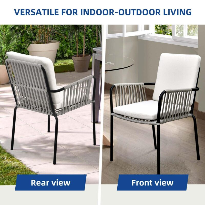 DEXTRUS Outdoor Dining Chair Set of 2, Rope Woven Design Bistro Chairs, Indoor-Outdoor Armchair Seating - Green and Grey - Image 4