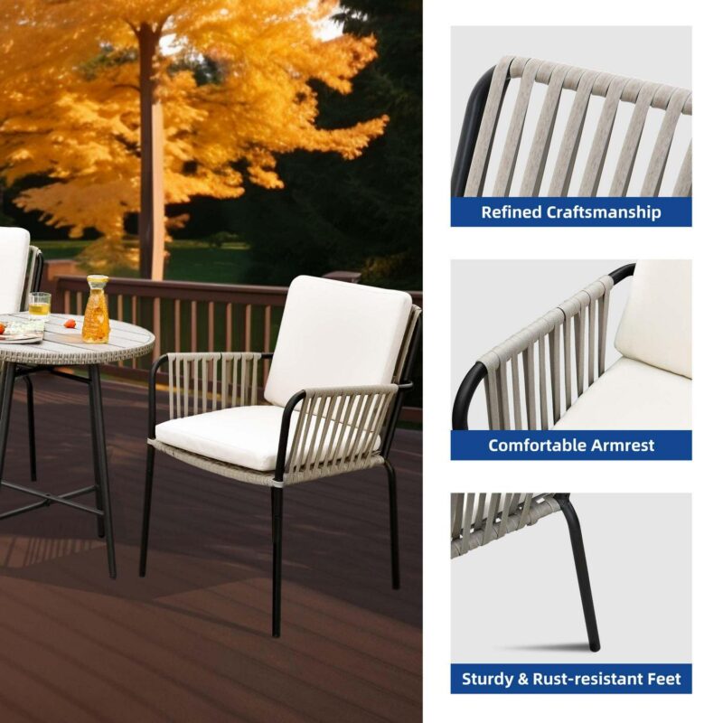 DEXTRUS Outdoor Dining Chair Set of 2, Rope Woven Design Bistro Chairs, Indoor-Outdoor Armchair Seating - Green and Grey - Image 7