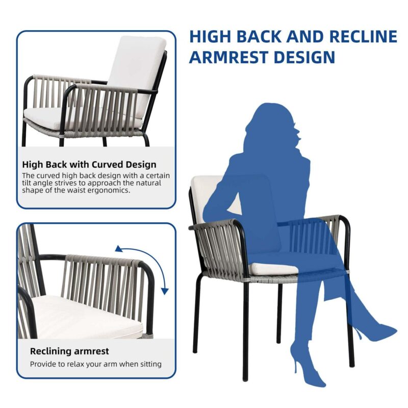 DEXTRUS Outdoor Dining Chair Set of 2, Rope Woven Design Bistro Chairs, Indoor-Outdoor Armchair Seating - Green and Grey - Image 6