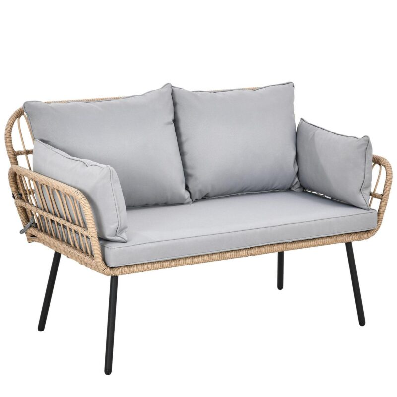 DEXTRUS Patio Loveseat Sofa, All-Weather Wicker Rattan 2 Seater Sofa with Cushions and Lumbar Pillows, Outdoor Patio Furniture Set for Patio for Balcony, Backyard, Deck, Poolside - Grey - Image 3