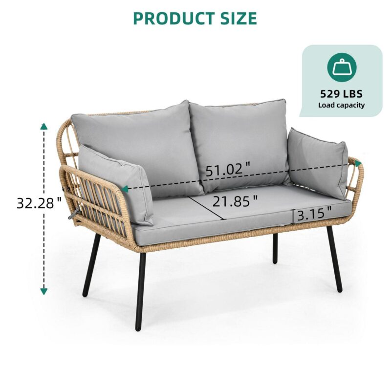 DEXTRUS Patio Loveseat Sofa, All-Weather Wicker Rattan 2 Seater Sofa with Cushions and Lumbar Pillows, Outdoor Patio Furniture Set for Patio for Balcony, Backyard, Deck, Poolside - Grey - Image 7