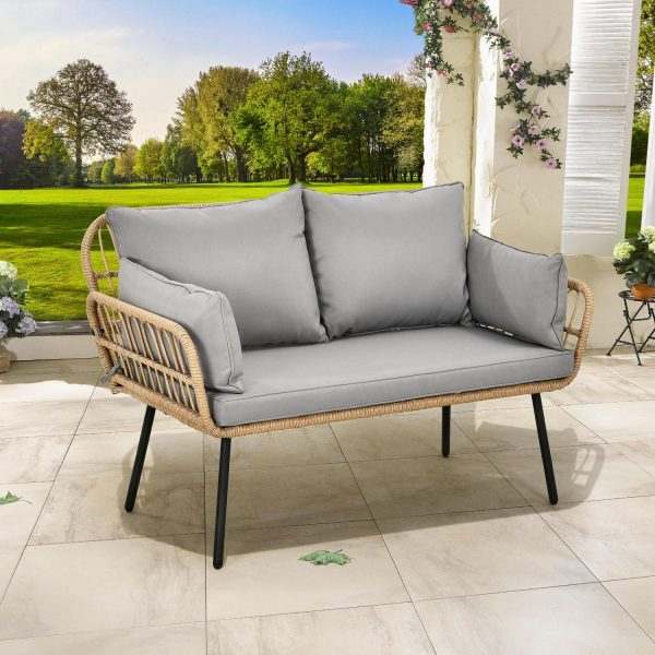 DEXTRUS Patio Loveseat Sofa, All-Weather Wicker Rattan 2 Seater Sofa with Cushions and Lumbar Pillows, Outdoor Patio Furniture Set for Patio for Balcony, Backyard, Deck, Poolside - Grey