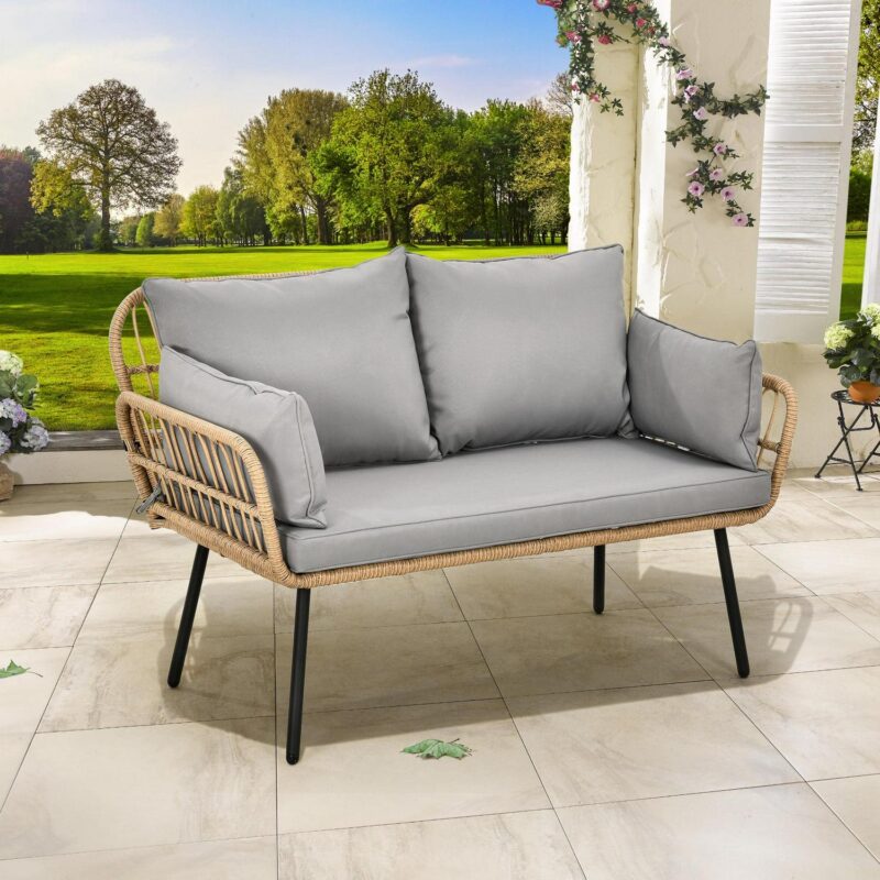 DEXTRUS Patio Loveseat Sofa, All-Weather Wicker Rattan 2 Seater Sofa with Cushions and Lumbar Pillows, Outdoor Patio Furniture Set for Patio for Balcony, Backyard, Deck, Poolside - Grey