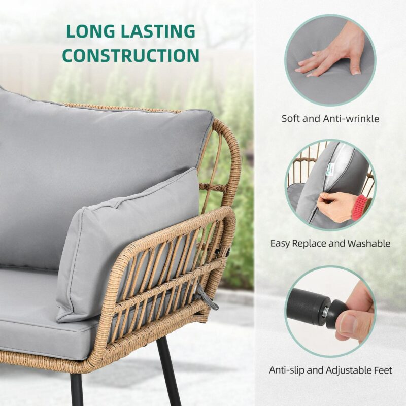 DEXTRUS Patio Loveseat Sofa, All-Weather Wicker Rattan 2 Seater Sofa with Cushions and Lumbar Pillows, Outdoor Patio Furniture Set for Patio for Balcony, Backyard, Deck, Poolside - Grey - Image 6