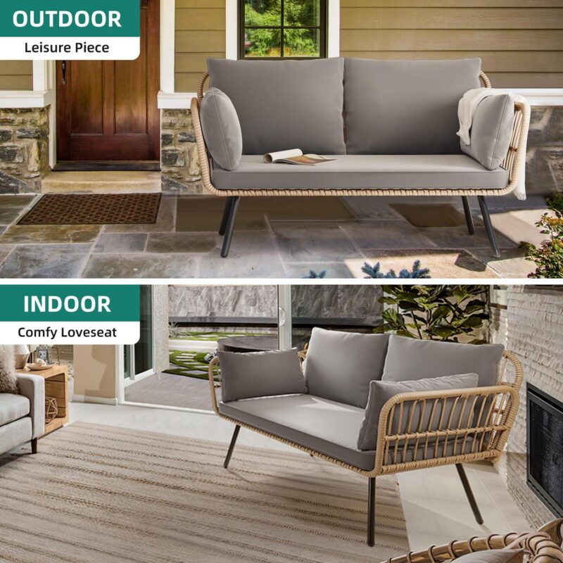 DEXTRUS Patio Loveseat Sofa, All-Weather Wicker Rattan 2 Seater Sofa with Cushions and Lumbar Pillows, Outdoor Patio Furniture Set for Patio for Balcony, Backyard, Deck, Poolside - Grey - Image 5