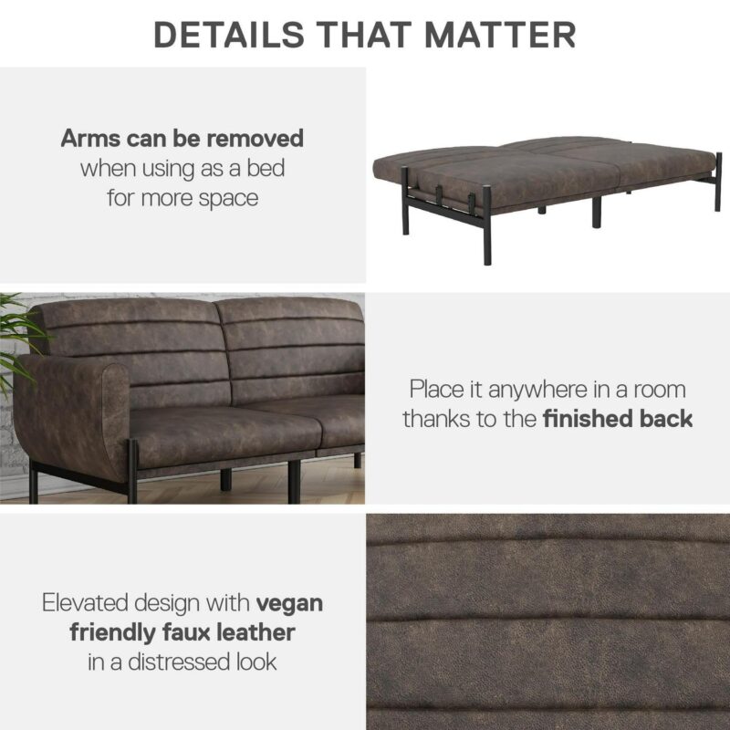 DHP Sadie Futon Sofa Bed and Couch Sleeper, Distressed Medium Brown Faux Leather - Image 7
