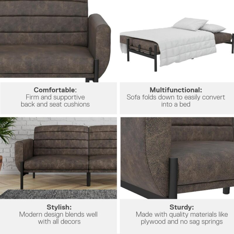 DHP Sadie Futon Sofa Bed and Couch Sleeper, Distressed Medium Brown Faux Leather - Image 6