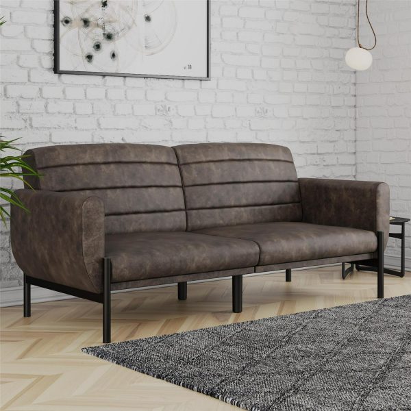 DHP Sadie Futon Sofa Bed and Couch Sleeper, Distressed Medium Brown Faux Leather