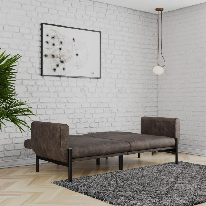 DHP Sadie Futon Sofa Bed and Couch Sleeper, Distressed Medium Brown Faux Leather - Image 3