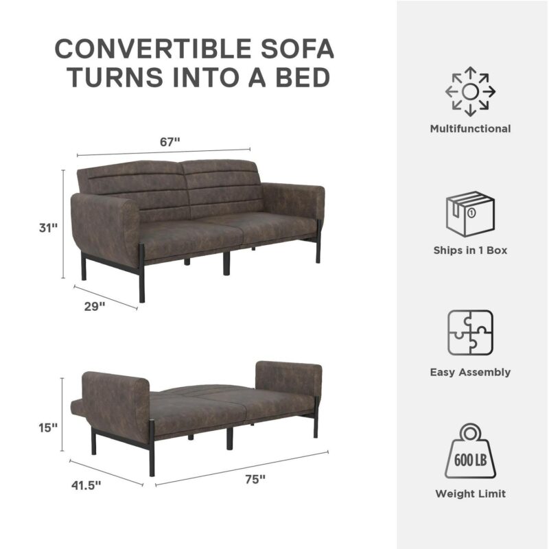 DHP Sadie Futon Sofa Bed and Couch Sleeper, Distressed Medium Brown Faux Leather - Image 9