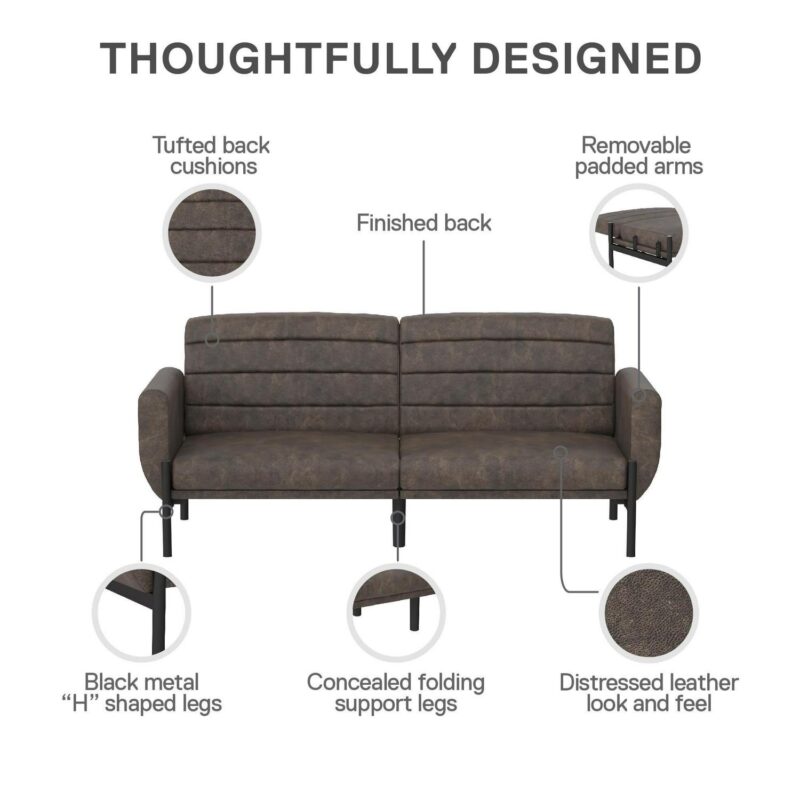 DHP Sadie Futon Sofa Bed and Couch Sleeper, Distressed Medium Brown Faux Leather - Image 8