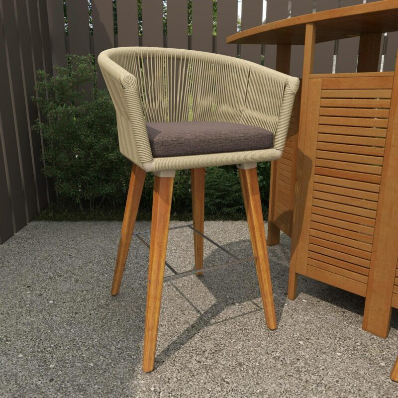 DecMode Wood Indoor Outdoor Woven Rope Bar Stool with Polyester Cushions and Slender Tapered Legs, Gray - Image 13