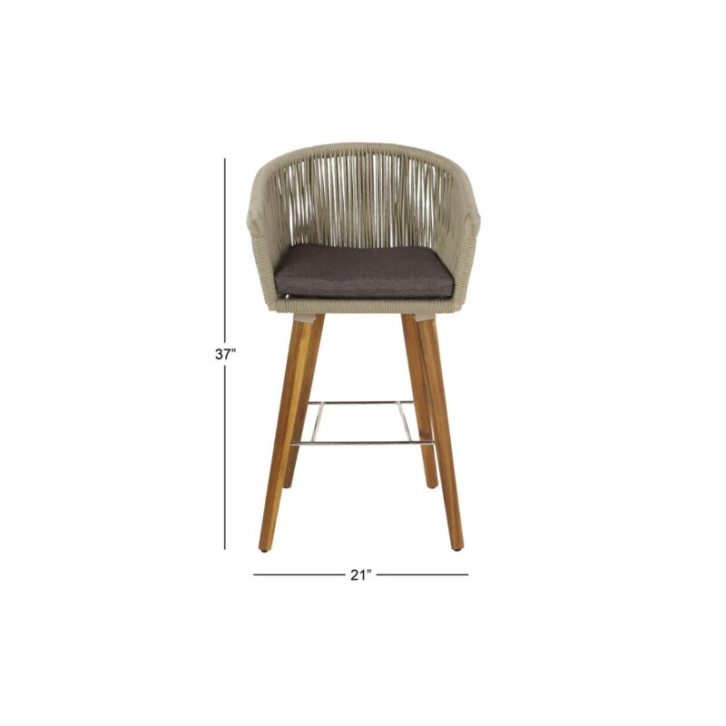 DecMode Wood Indoor Outdoor Woven Rope Bar Stool with Polyester Cushions and Slender Tapered Legs, Gray - Image 3