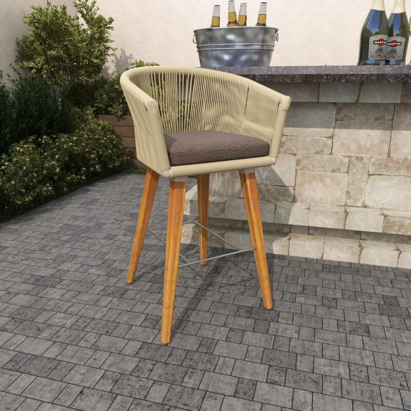 DecMode Wood Indoor Outdoor Woven Rope Bar Stool with Polyester Cushions and Slender Tapered Legs, Gray - Image 14