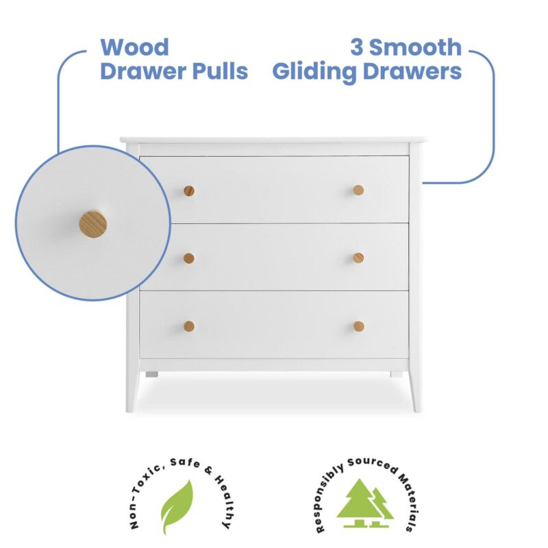 Delta Children Casey 3 Drawer Dresser with Interlocking Drawers, Bianca White/Natural - Image 3