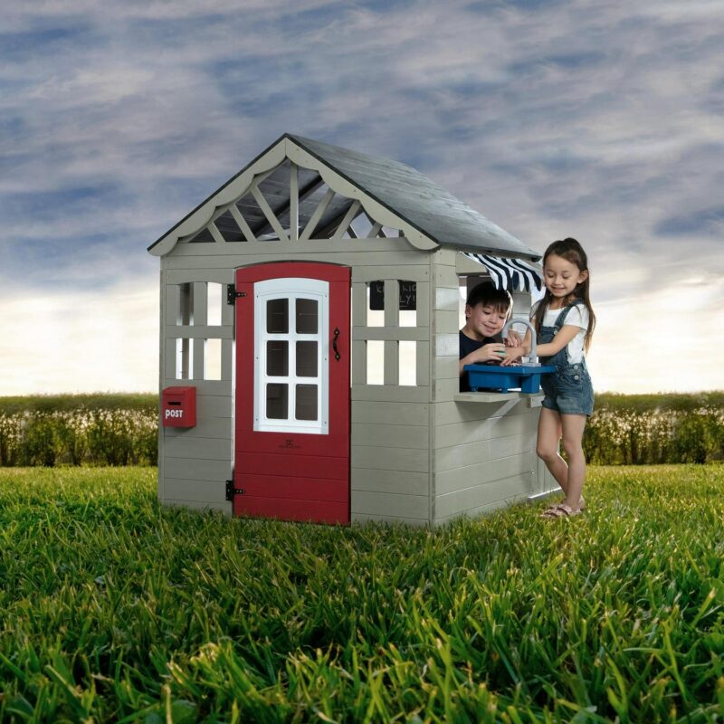 Delta Children MySize Deluxe Outdoor Playhouse with Play Sink with Running Water, Picnic Table and Mailbox a Premium Wooden Cedar Playhouse for Kids, Grey - Image 6