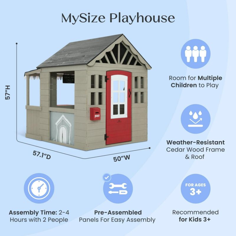 Delta Children MySize Deluxe Outdoor Playhouse with Play Sink with Running Water, Picnic Table and Mailbox a Premium Wooden Cedar Playhouse for Kids, Grey - Image 4