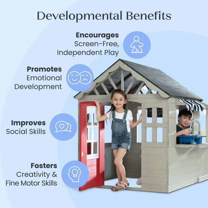 Delta Children MySize Deluxe Outdoor Playhouse with Play Sink with Running Water, Picnic Table and Mailbox a Premium Wooden Cedar Playhouse for Kids, Grey - Image 5