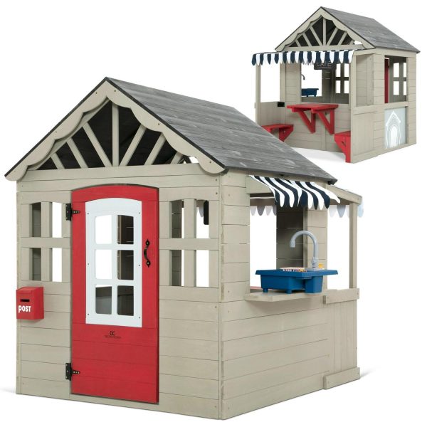 Delta Children MySize Deluxe Outdoor Playhouse with Play Sink with Running Water, Picnic Table and Mailbox a Premium Wooden Cedar Playhouse for Kids, Grey