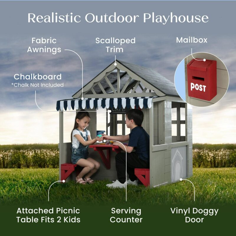 Delta Children MySize Deluxe Outdoor Playhouse with Play Sink with Running Water, Picnic Table and Mailbox a Premium Wooden Cedar Playhouse for Kids, Grey - Image 2