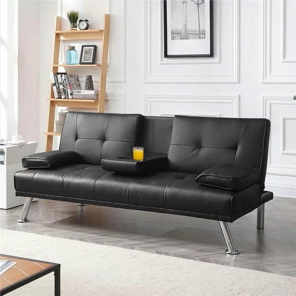 Derzers Faux Leather Futon with Cupholders and Pillows, Black