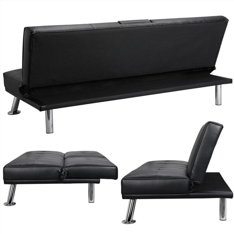Derzers Faux Leather Futon with Cupholders and Pillows, Black - Image 5