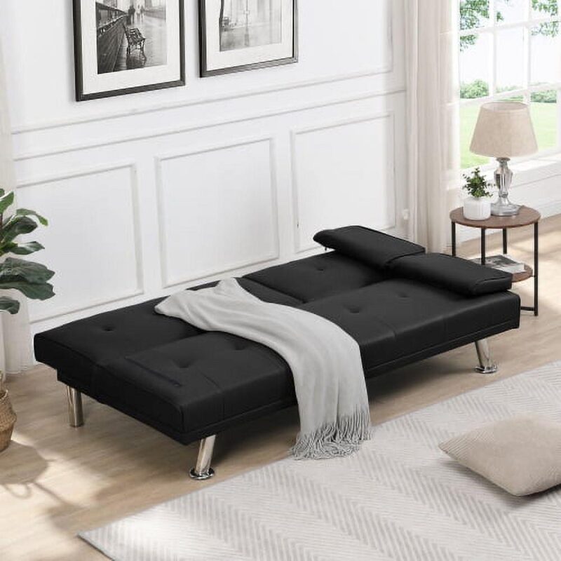 Derzers Faux Leather Futon with Cupholders and Pillows, Black - Image 4