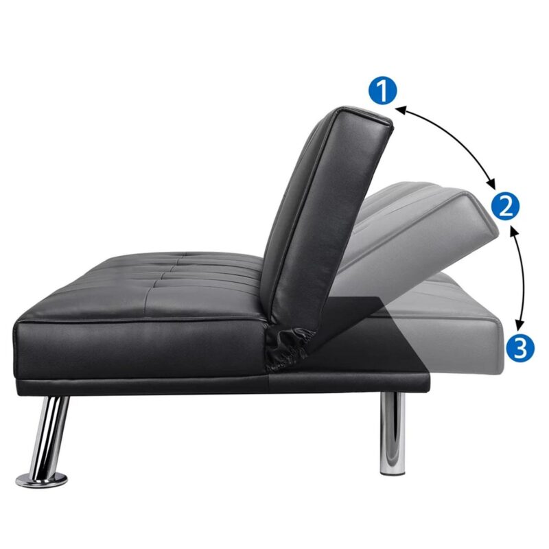 Derzers Faux Leather Futon with Cupholders and Pillows, Black - Image 2