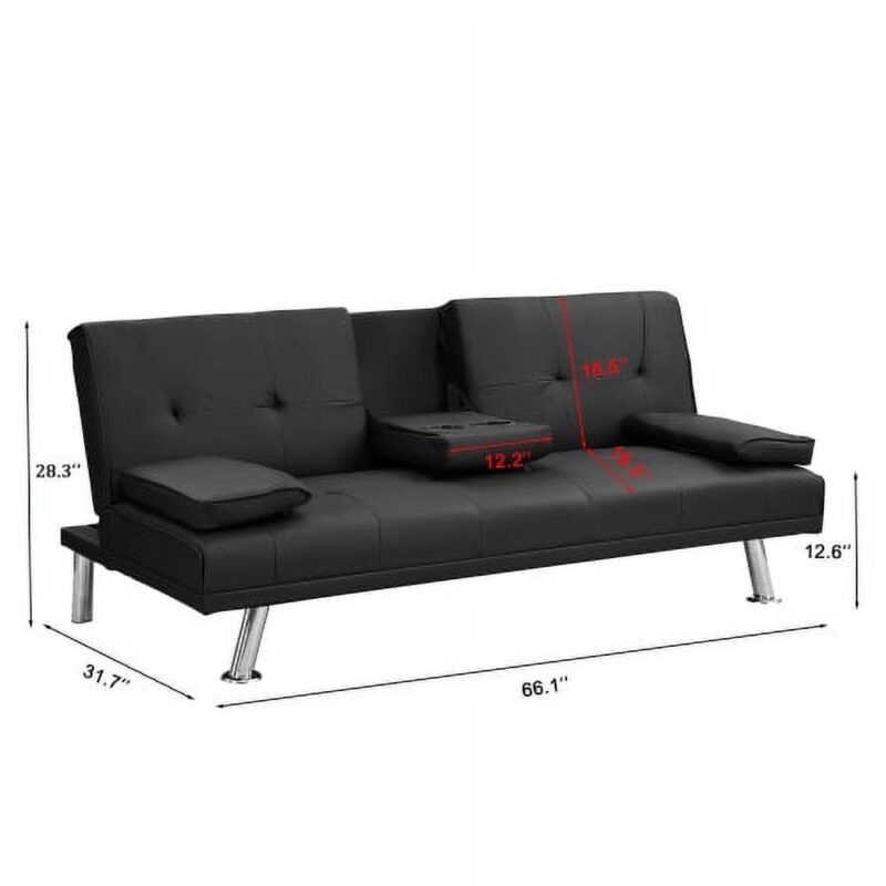 Derzers Faux Leather Futon with Cupholders and Pillows, Black - Image 6