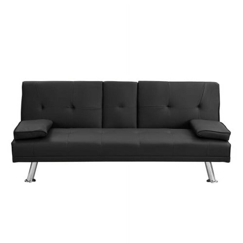 Derzers Faux Leather Futon with Cupholders and Pillows, Black - Image 3