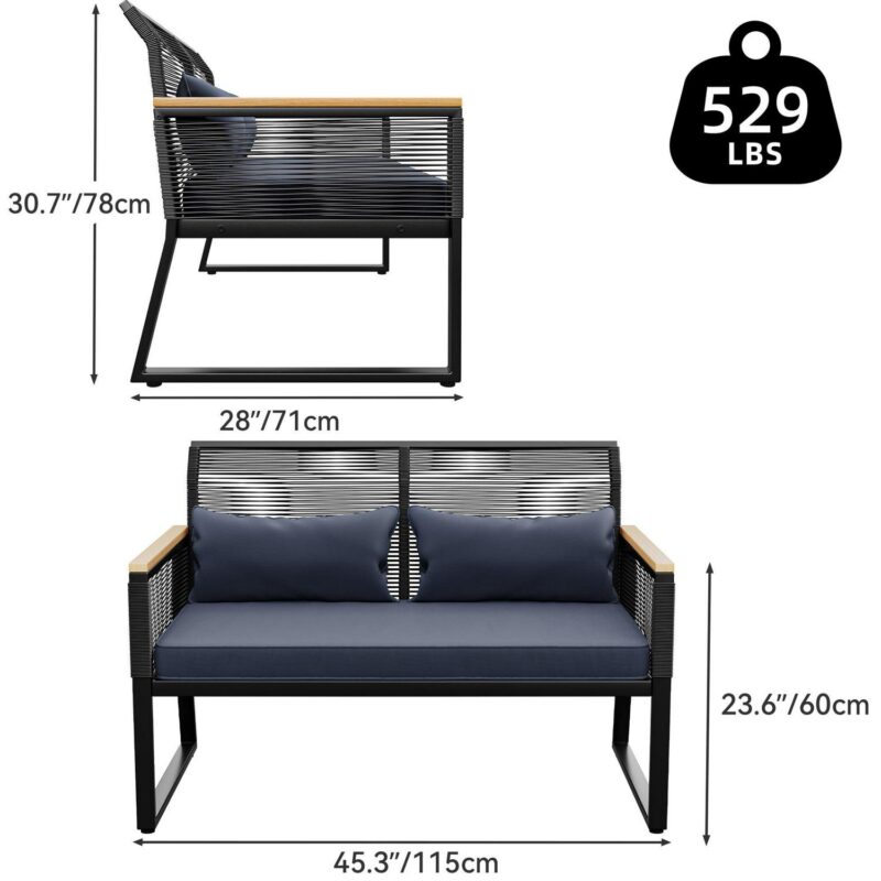 Dextrus 1 Steel Weather-resistant Outdoor Conversation Sets with Loveseat, Black/Navy Blue - Image 5