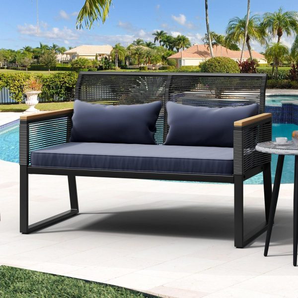 Dextrus 1 Steel Weather-resistant Outdoor Conversation Sets with Loveseat, Black/Navy Blue