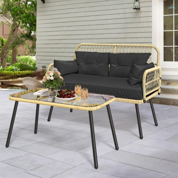Dextrus 2-Piece All-Weather Outdoor Wicker Loveseat,  Rattan Conversation Patio Furniture Set, Perfect for Backyard, Balcony, and Deck - Light Brown + Black