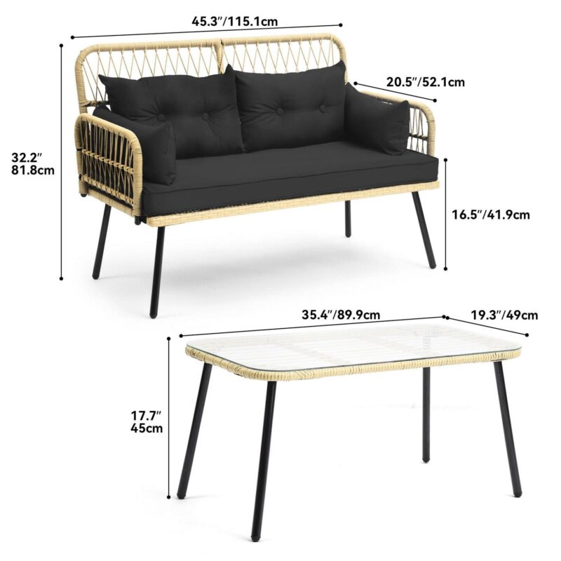Dextrus 2-Piece All-Weather Outdoor Wicker Loveseat,  Rattan Conversation Patio Furniture Set, Perfect for Backyard, Balcony, and Deck - Light Brown + Black - Image 5
