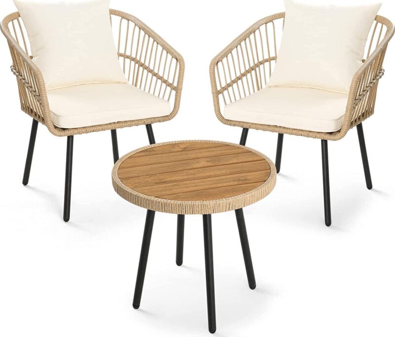 Dextrus 3 Pcs Patio Set, Outdoor Wicker Conversation Bistro Sets for Porch, Backyard with Round Top Coffee Table, Cushions and Lumbar Pillows - Image 5