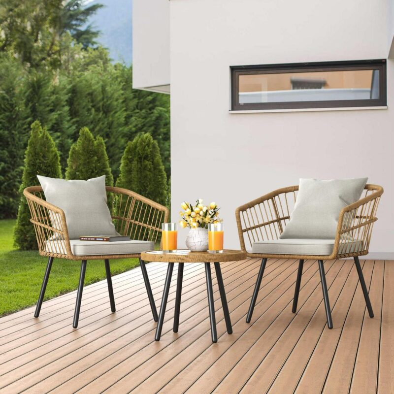 Dextrus 3 Pcs Patio Set, Outdoor Wicker Conversation Bistro Sets for Porch, Backyard with Round Top Coffee Table, Cushions and Lumbar Pillows - Image 6