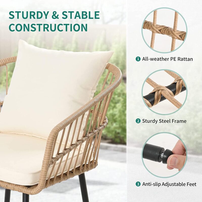 Dextrus 3 Pcs Patio Set, Outdoor Wicker Conversation Bistro Sets for Porch, Backyard with Round Top Coffee Table, Cushions and Lumbar Pillows - Image 7