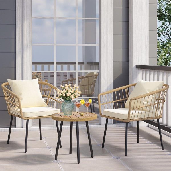 Dextrus 3 Pcs Patio Set, Outdoor Wicker Conversation Bistro Sets for Porch, Backyard with Round Top Coffee Table, Cushions and Lumbar Pillows