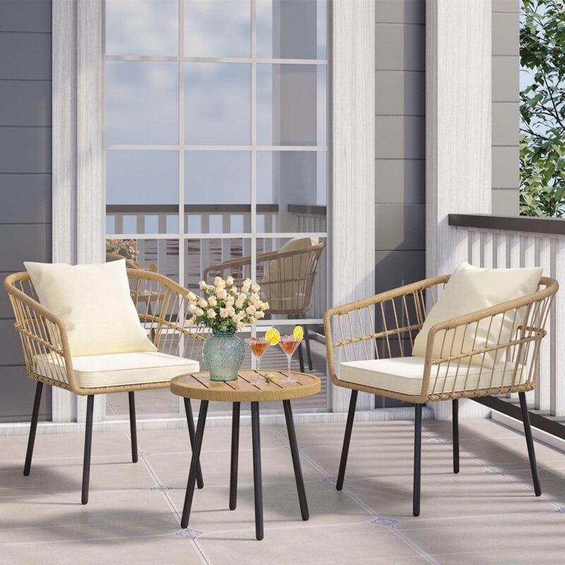 Dextrus 3 Pcs Patio Set, Outdoor Wicker Conversation Bistro Sets for Porch, Backyard with Round Top Coffee Table, Cushions and Lumbar Pillows