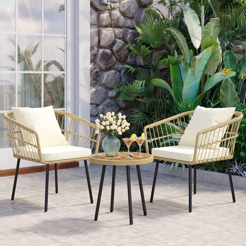 Dextrus 3 Pcs Patio Set, Outdoor Wicker Conversation Bistro Sets for Porch, Backyard with Round Top Coffee Table, Cushions and Lumbar Pillows - Image 8
